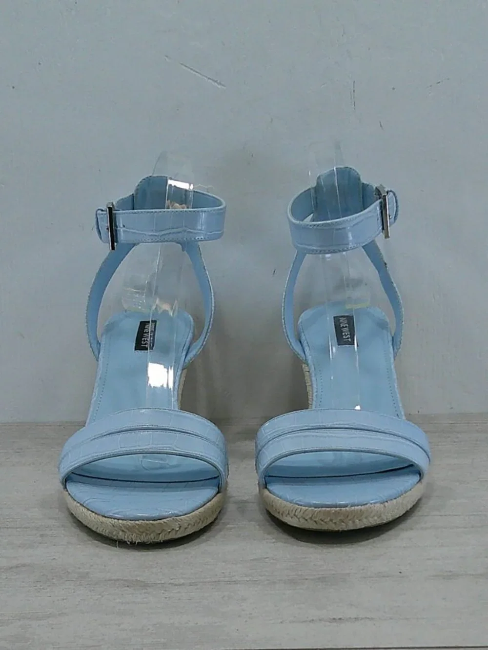 Nine West Baby Blue Croc Embossed Patent Joie Espadrille Wedge Heel Size 11 M